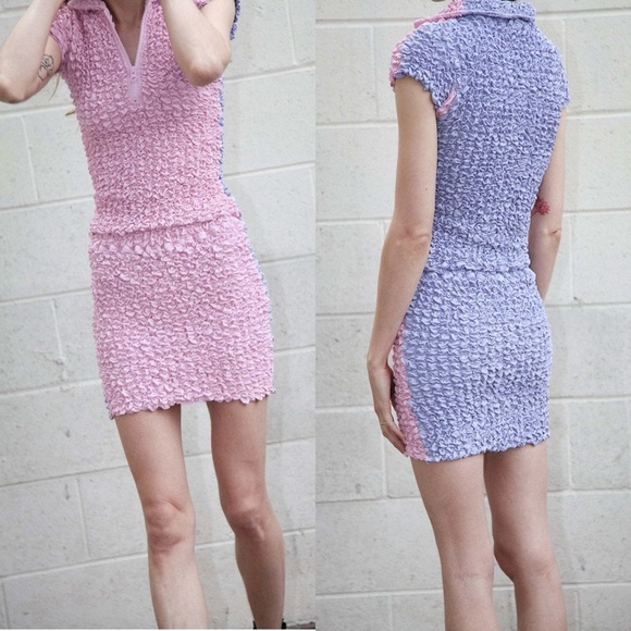 NWT KKCO Y2K Two-Tone Colorblock Smocked Stretch Popcorn Pencil Mini Skirt M - Picture 2 of 11